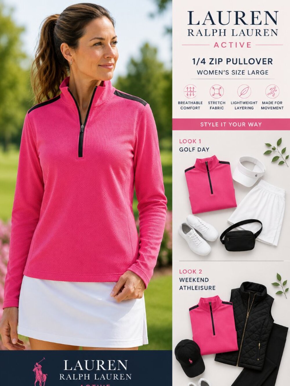 Lauren Ralph Lauren Active Golf 1/4 Zip Pullover Pink Sport Top Women's L
